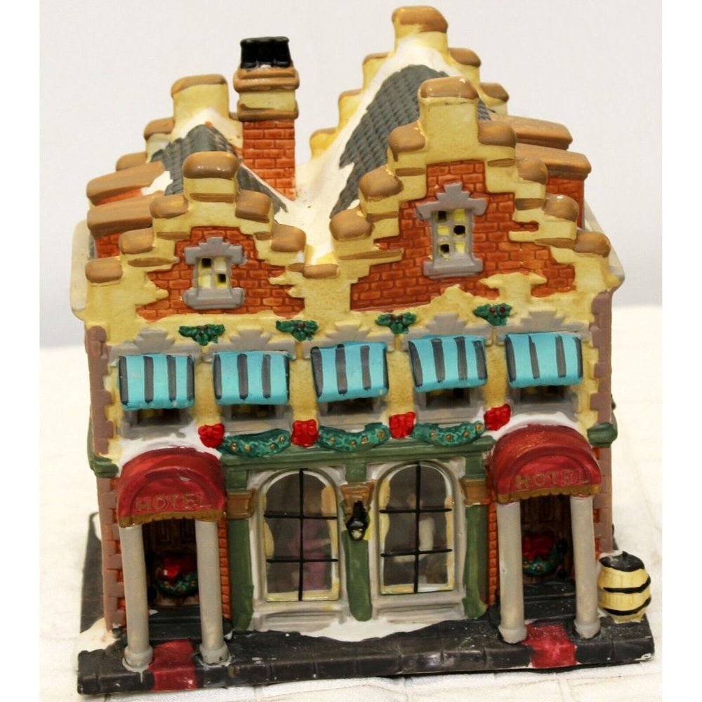 Christmas Village Hotel Lighted Window Scene Exposed Brick Porcelain Building
